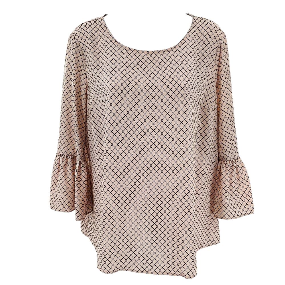 Elle Peach Honeycomb Plaid Lightweight Flare Bell Sleeve Career Blouse M